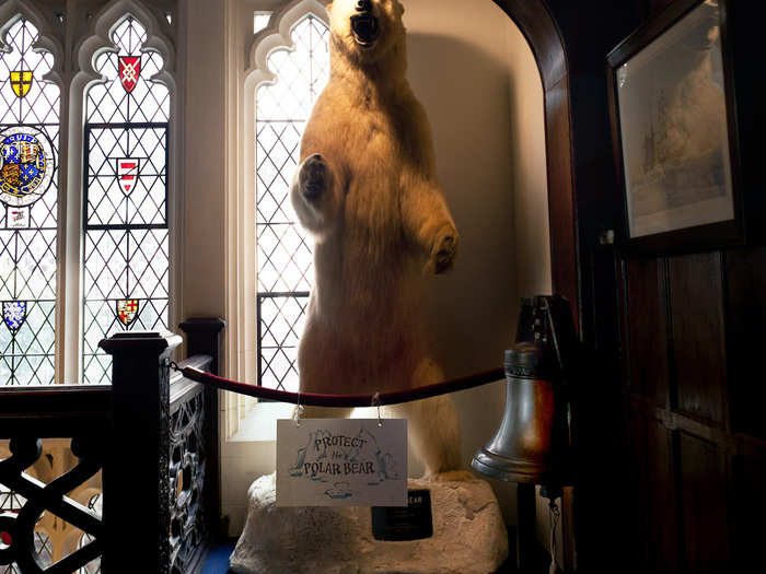 This taxidermy polar bear is a favorite attraction. It was a gift from actor Rudolph Valentino, who hunted the animal on the Chukchi Sea in 1969. Press a button and the bear roars.