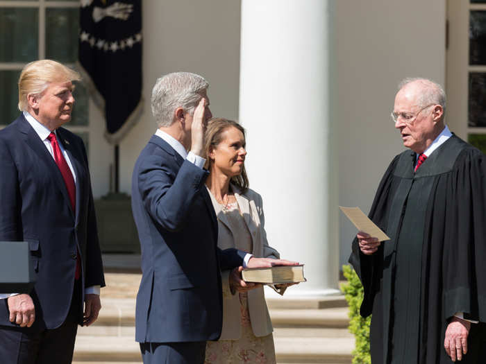 April 10, 2017: Anthony Kennedy, the Associate Justice of the Supreme Court, swears in Justice Neil Gorsuch in the Rose Garden of the White House.