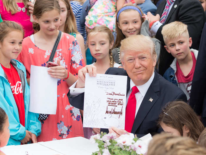 April 17, 2017: Trump joins participants at the Easter Egg Roll writing letters to the men and women serving in the United States Armed Forces.