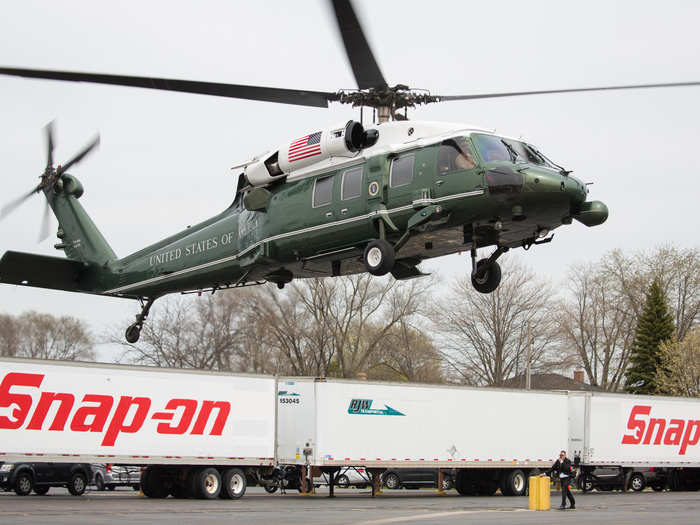 April 18, 2017: Trump lands in Kenosha, WI, on Marine One to deliver remarks at Snap-on Tools and to sign his "Buy American, Hire American" executive order.