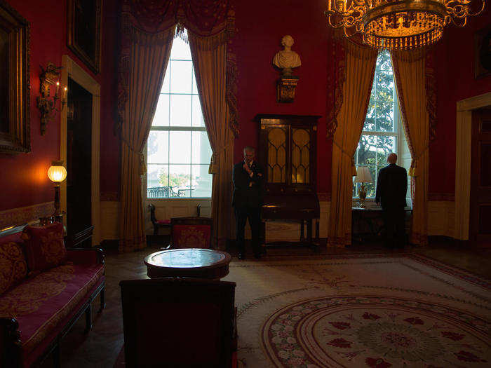 May 3, 2017: Trump looks out of a window from the Red Room on the State Floor of the White House, prior to joining guests for an evangelical advisory board dinner.