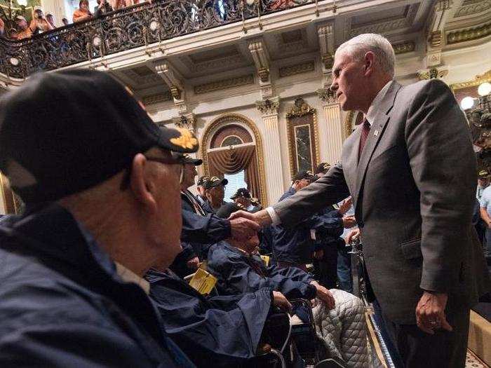 May 8, 2017: Pence participates in an honor flight reception in the Indian Treaty Room in the Eisenhower Executive Office building of the White House.