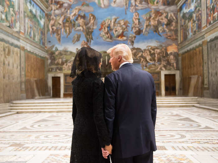 May 24, 2017: Trump and First Lady Melania Trump tour the Sistine Chapel following their meeting with His Holiness Pope Francis in Vatican City.