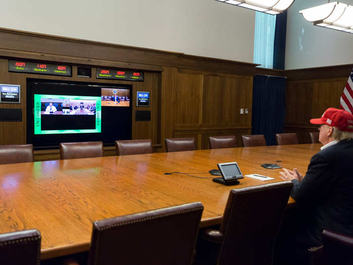 August 27, 2017: Trump leads a video teleconference monitoring the tropical storm and hurricane conditions in Texas.