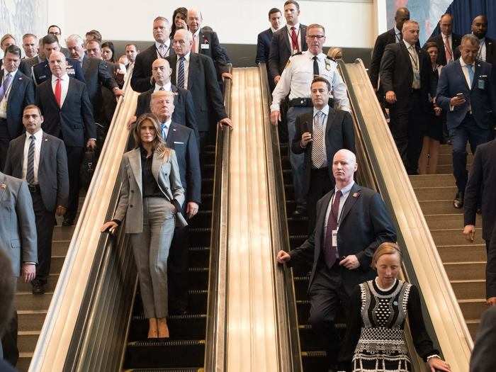 September 19, 2017: Trump and First Lady Melania Trump descend on escalators to attend the 72nd session of the United Nations General Assembly.