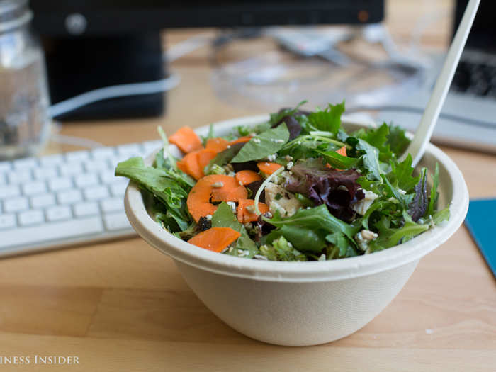 For lunch, I ate a lot of "sad desk salads." Two cups of leafy greens, an ounce of cheddar cheese, a handful of nuts, and avocado or cauliflower rang up about 6 net carbs.