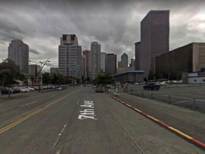 Denny Triangle and South Lake Union were once full of empty parking lots, car rental agencies, motels, industrial buildings, and warehouses. This is 7th Avenue and Blanchard Street.