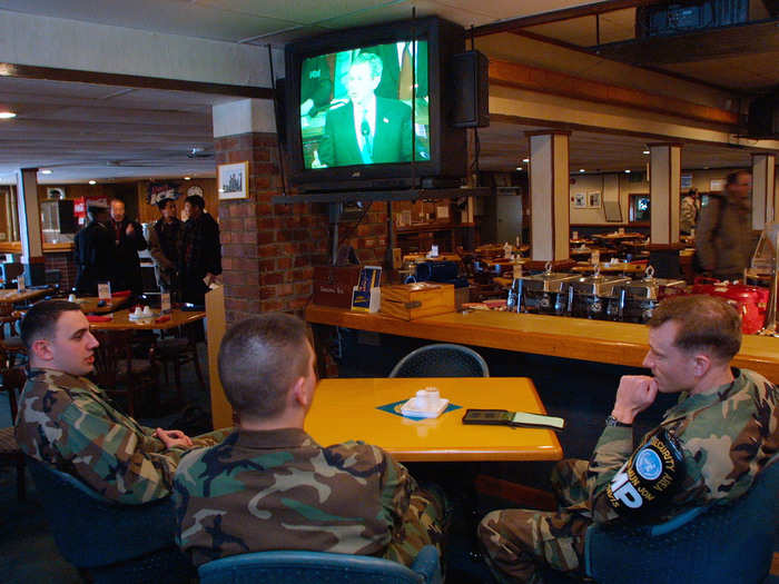 Camp Bonifas is also near Panmunjom. In this 2003 photo, US soldiers watch President George W. Bush