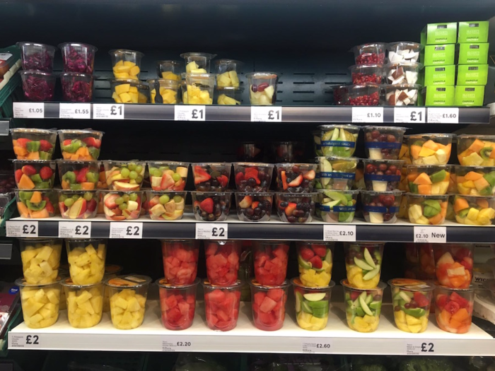 The fruit and vegetable section gives us our first glimpse into the mammoth price difference between the two stores.