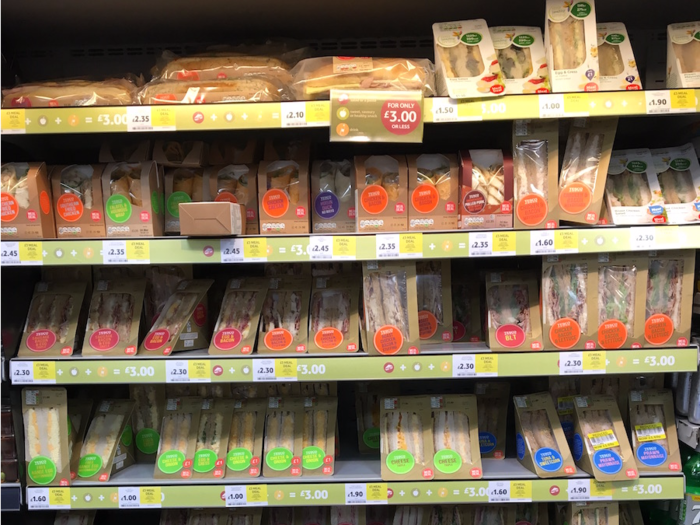 For both stores, convenience is key to cater to its urban customers. This Tesco "grab-and-go" section offers sandwiches, wraps, and salads for lunch.