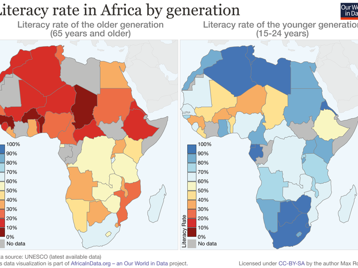 Relatedly, more people than ever are gaining the ability to read. Compared to past generations, some countries have gone from under 10% literacy to nearly 100%.