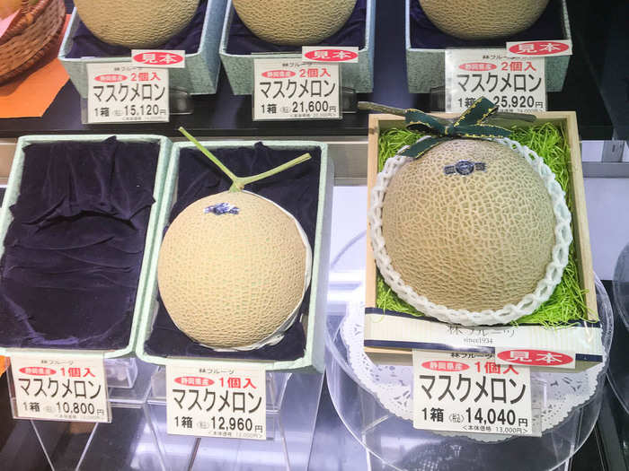 The depachika is often a place to purchase gifts for friends or family. "Luxury fruit" like these $150 muskmelons are a popular gift. A pair of muskmelons once sold in Japan for $27,000.