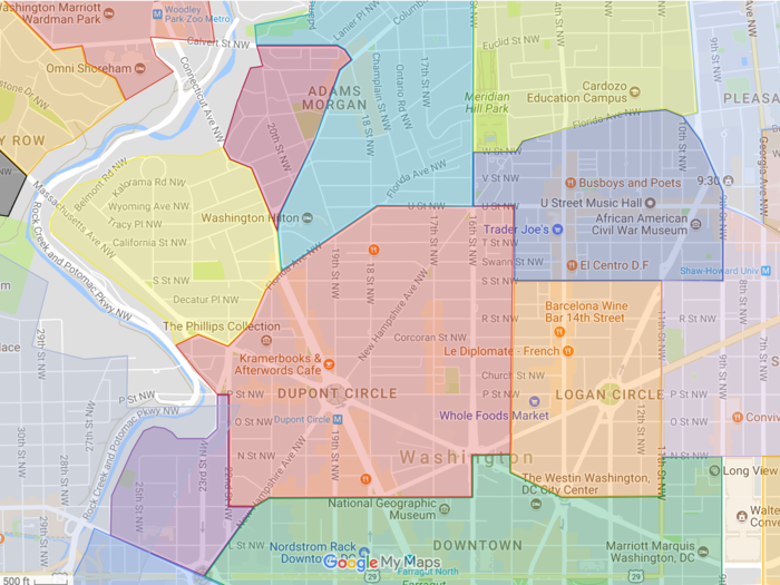 Kalorama, in northwest DC just above Dupont Circle, is actually two neighborhoods: Sheridan-Kalorama (in yellow) and Kalorama Triangle (in purple).