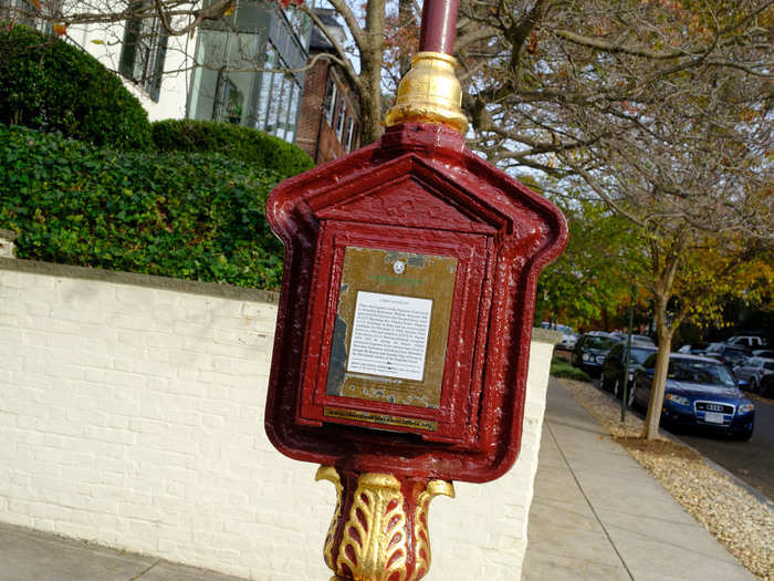 These historic "call boxes," 19th-century public phones that people could use to call the police or fire department, are all over the neighborhood. Residents have turned them into mini-museums commemorating Kalorama history — this one was about the numerous Supreme Court justices who have lived there.