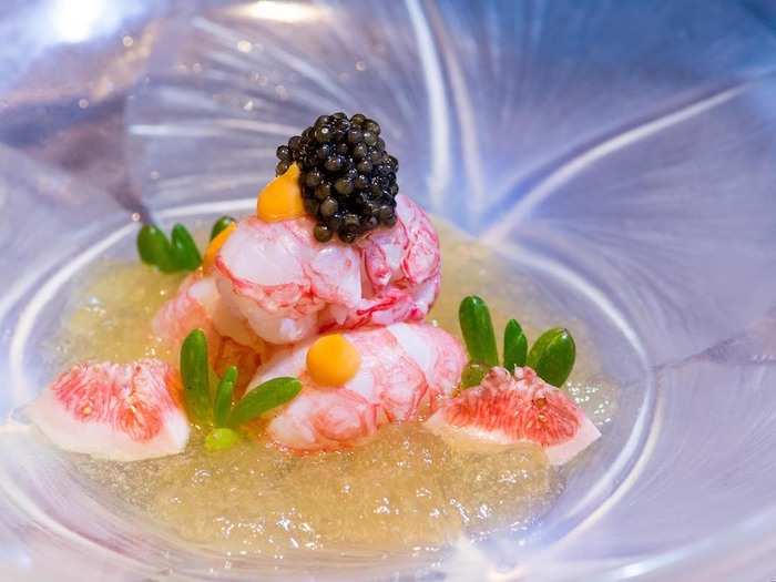 Sake-cured Scottish langoustine, tomato jelly, Exmoor caviar at Umu in Mayfair, London — two Michelin stars