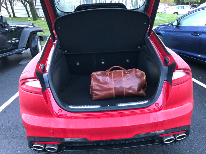 The cargo area under the hatch is substantial. I had just one bag for a short jaunt to the San Francisco Bay Area, and the Stinger handled it with ease.