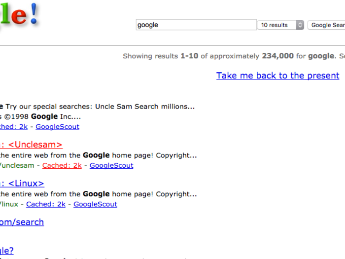 12. Searching “Google in 1998” will bring you to a page reminiscent of what Google looked like a couple decades ago, complete with company background info — and that awful logo.