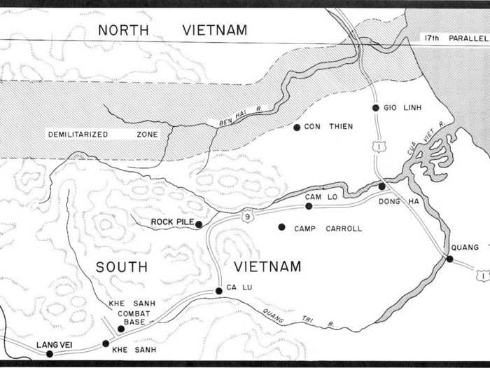 The Khe Sanh Combat Base, seen here in the lower left, was just one of a number of US Military bases.