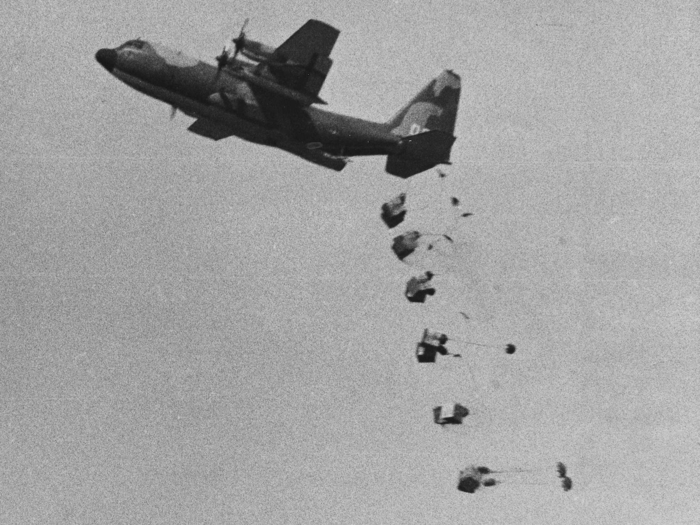 Eventually, aircraft were forced to drop supplied from the air by parachute, a contingency that had actually been planned for.