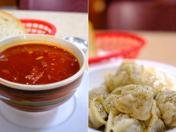 I ordered the red borscht, a tangy beet soup served with a dollop of sour cream and rye bread, and the Siberian Pilmeny, a hearty serving of beef dumplings. I went home warm and sleepy shortly after.