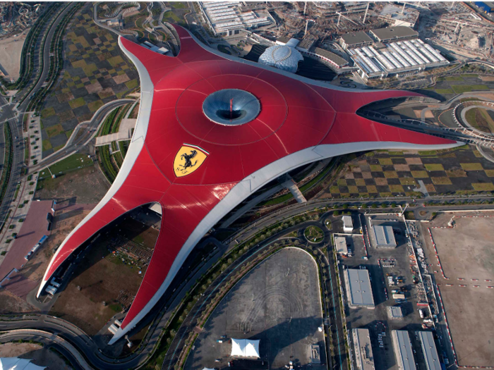 Ferrari World is an indoor amusement covered by a 2.2 million square foot aluminum roof. From the air, it looks like a weird spaceship.