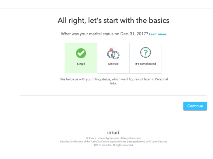 TurboTax kicks things off with the "basics," including questions about your marital status...