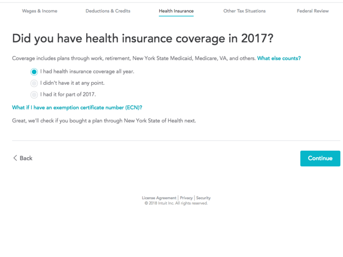 After that, you answer questions about your health insurance.