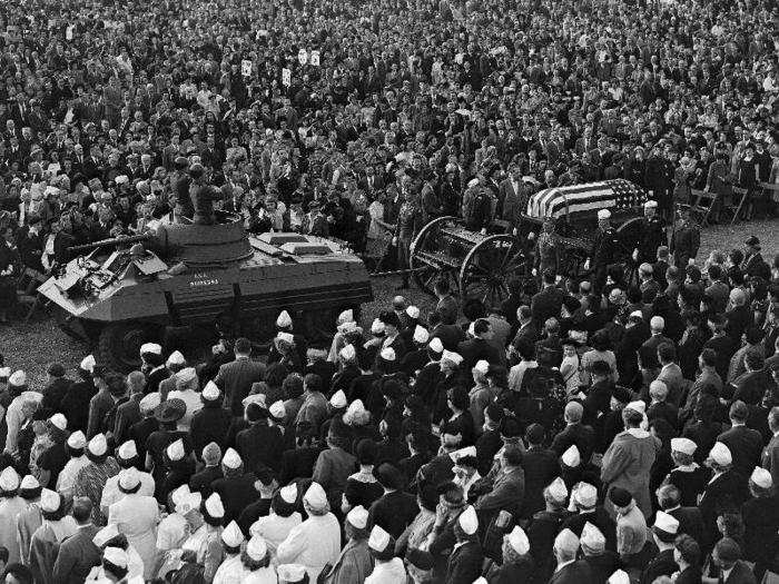 Over the next few decades, Sheep Meadow took on new uses. In this 1947 photo in the park, Army officials are carrying a casket containing a soldier who died during World War II.