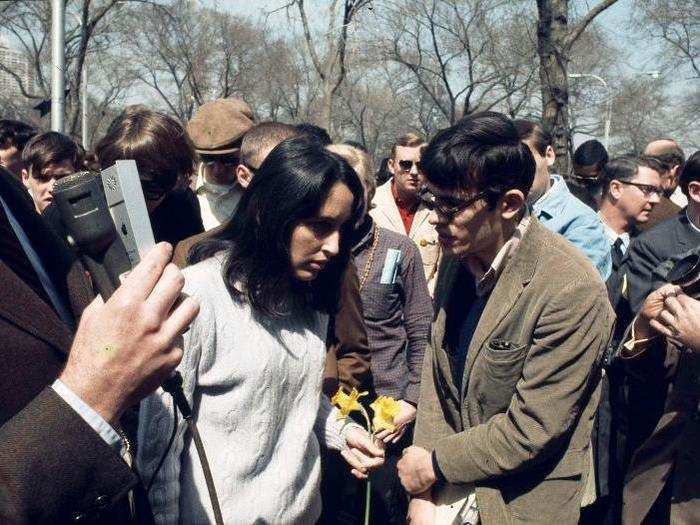 It also became the site of political protests against the Vietnam War. This 1968 photo shows folk singer Joan Baez and her husband Dave Harris surrounded by reporters at a draft resisters demonstration: