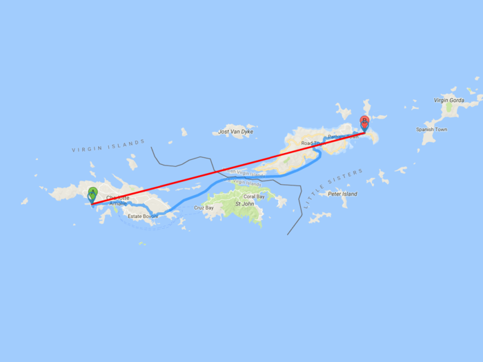 7. St. Thomas, US Virgin Islands to Beef Island, British Virgin Islands: 25 miles.