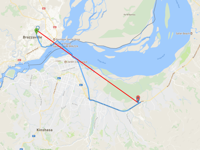 3. Brazzaville, the Republic of the Congo to Kinshasa, the Democratic Republic of the Congo: 13 miles.