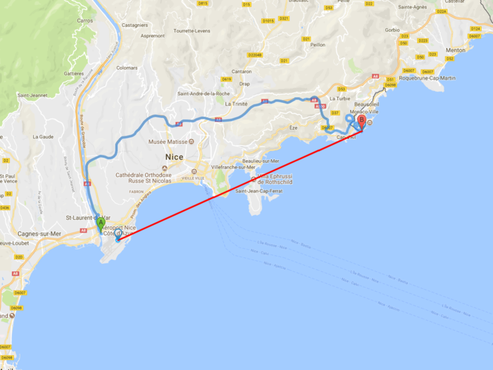 1. Nice, France to Monaco: 10 miles. (Tie)