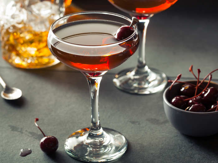 7. Manhattan. A simple classic, best made with rye whiskey, sweet vermouth, two dashes of Angosturra, and ice, garnished with brandied cherries.