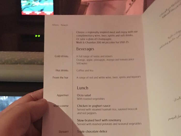 But first, another meal. For our second lunch, Emirates offered a choice between chicken in spaghetti sauce and braised beef.