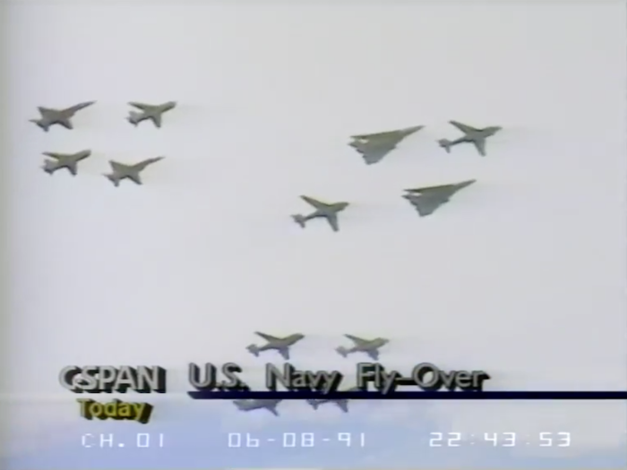 The parade featured a US Navy fly-over with a standard naval fighter triple diamond formation.