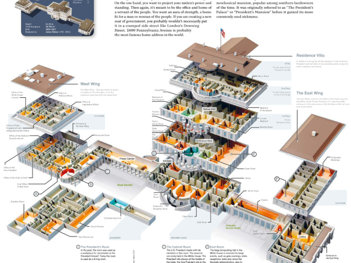 This detailed layout of the White House shows the prominent rooms, offices, and private quarters.