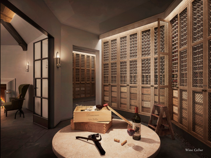 The dining room opens onto a humidity and temperature-controlled wine cellar with storage for each apartment at a variety of wine bottle sizes. The room is locked via biometric security system so that no resident