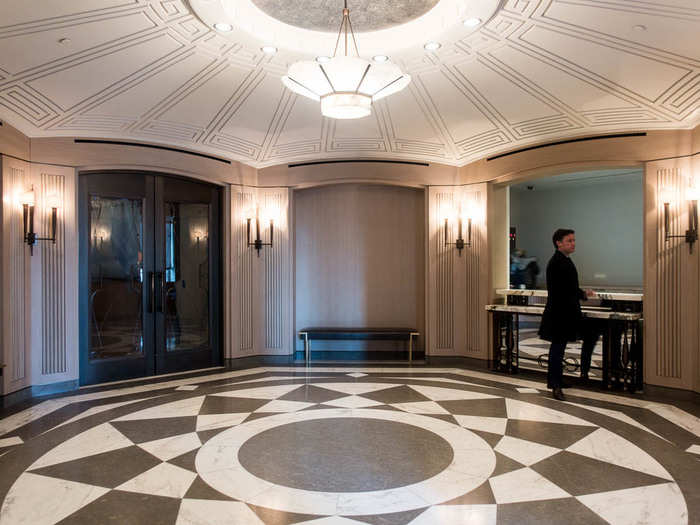 20 East End has been built with inspiration from many of the Gilded Age buildings in the area. Everything in the building is custom-made, like the flooring here, which is Royal Danby marble, the same stone used on the Lincoln Memorial in Washington, D.C.