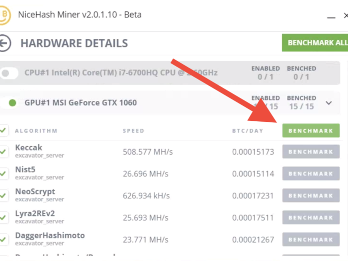 Before you can start mining, Nicehash has to check how quickly your gear can mine.