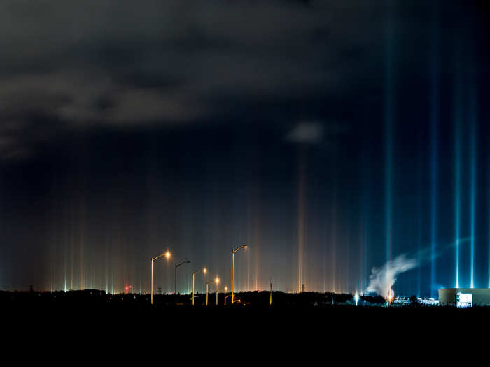 He covered about six miles over the next two hours, pulling over wherever he found stunning views. As cars passed by, light pillars shot from the headlights to the sky.