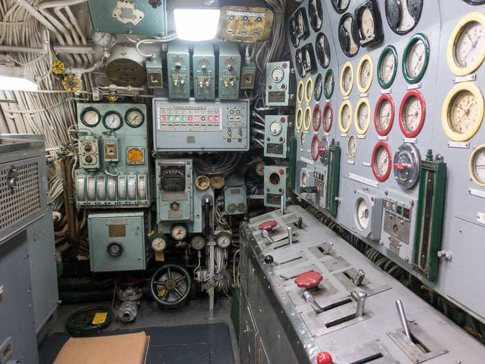 This is the control for the engine room. The sub had three Fairbanks-Morse high-speed diesel engines that were soundproofed to prevent detection. The engines powered generators that drive the Growler