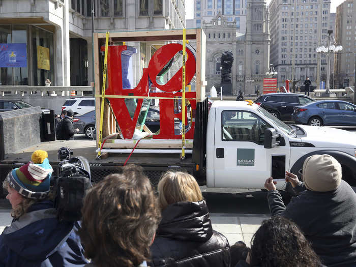 On Tuesday, it was paraded around Philadelphia to crowds of LOVE-snapping onlookers before it was returned to its permanent home.