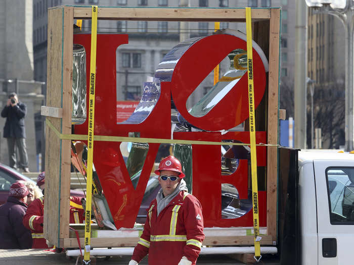 For years, the love sculpture in Philadelphia was accented in blue and green, a departure from its original hues.