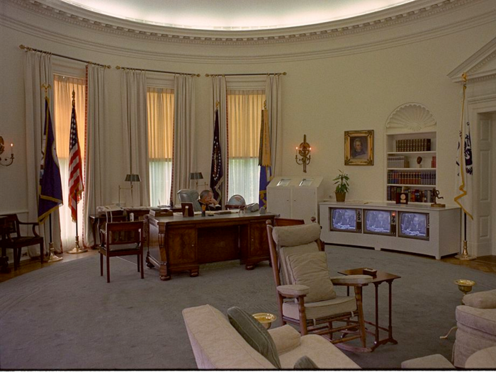 Johnson added three televisions to the room, covered the floor with a linoleum 
 surface, and displayed paintings of Washington, Jackson, and Jefferson, and even a bust of himself. He also once gave a bust of himself to Pope Paul VI as a gift.