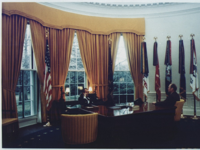 Richard Nixon favored yellow drapes, a royal blue rug designed by First Lady Pat Nixon, and a desk he believed had been used by Woodrow Wilson. The desk, in fact, had belonged to Ulysses S. Grant