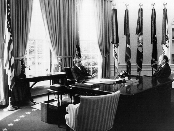 Nixon swapped out a number of portraits of Washington before deciding on one, and displayed bird figurines, as well as the photo "Earthrise." The image of planet earth had been taken during the 1968 Apollo 8 mission.