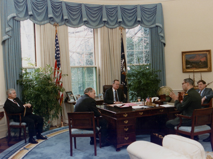 Bush brought in a brand new desk — the C&O desk, which was originally carved for the Chesapeake & Ohio Railway offices and subsequently donated to the White House. He