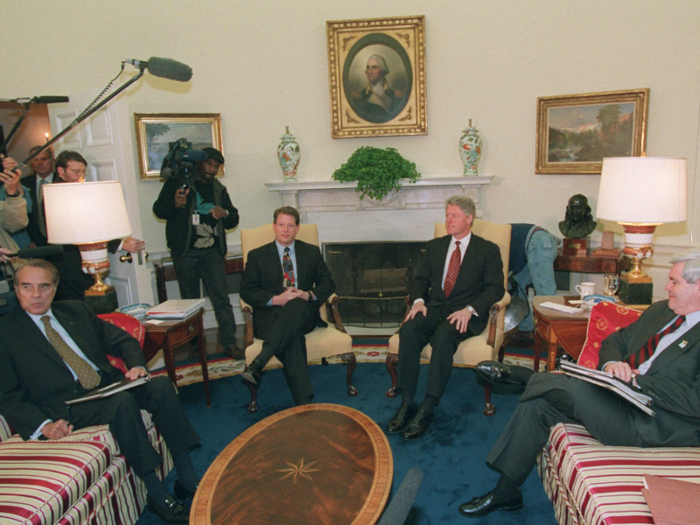 After taking the helm at the White House, Bill Clinton went for gold drapes and a navy blue rug. He featured paintings by Childe Hassam and Norman Rockwell, as well as a historical painting of African Americans waiting for the Emancipation Proclamation to be declared.