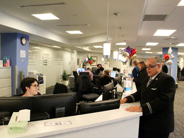 During check in, he lets the staff know he