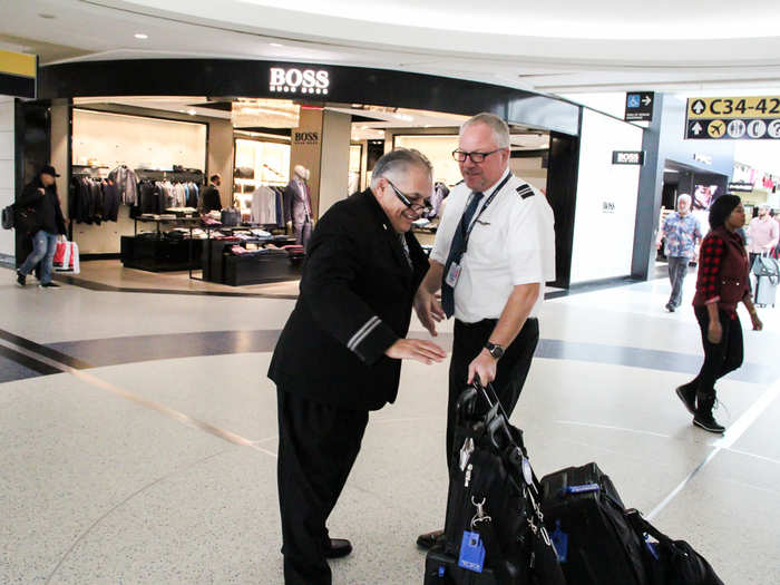 During our march through the airport, Bingochea — in full uniform — gets quite a few looks from passengers and is instantly recognized by an old friend. "This, to me, is the best part of the industry, because you have so much exposure," he says.